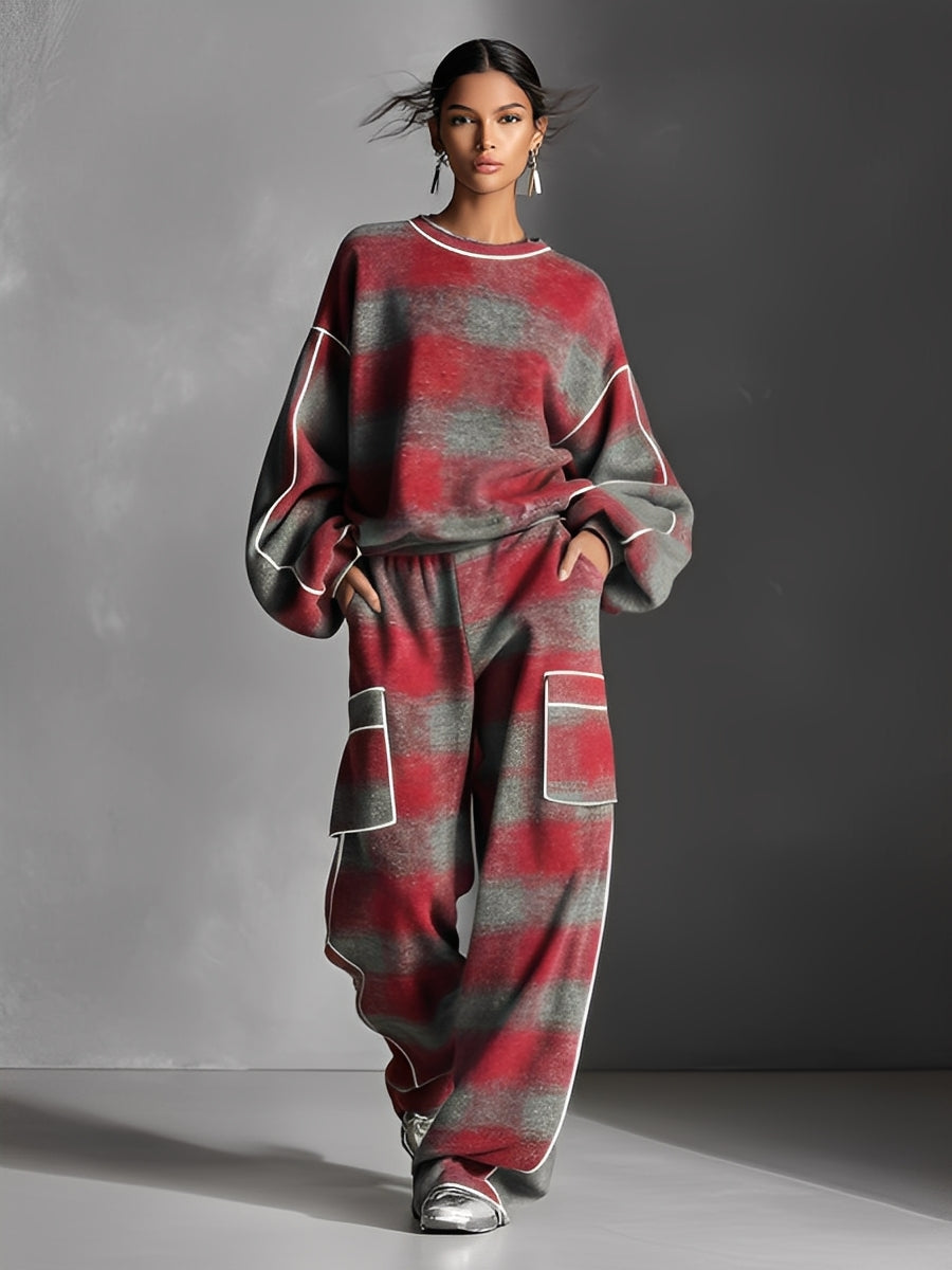 Women's Red And Grey Plaid Brushed Distressed Street Style Colour-Blocked Piping Pantsuit Set MDA1065K4I