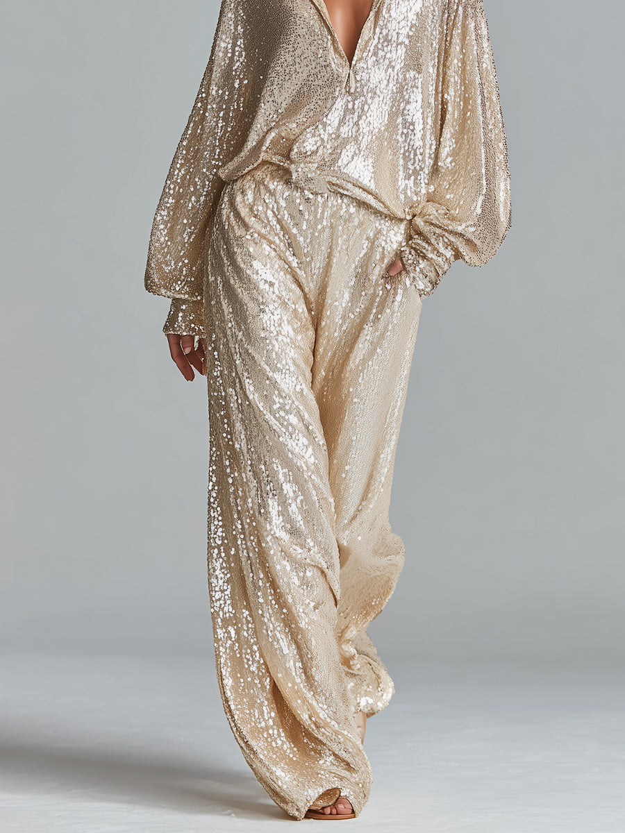 Women's Gold Glamorous Sequin Collared Half-Zip Wide-Leg Loungewear Party Set MDA2425I0I