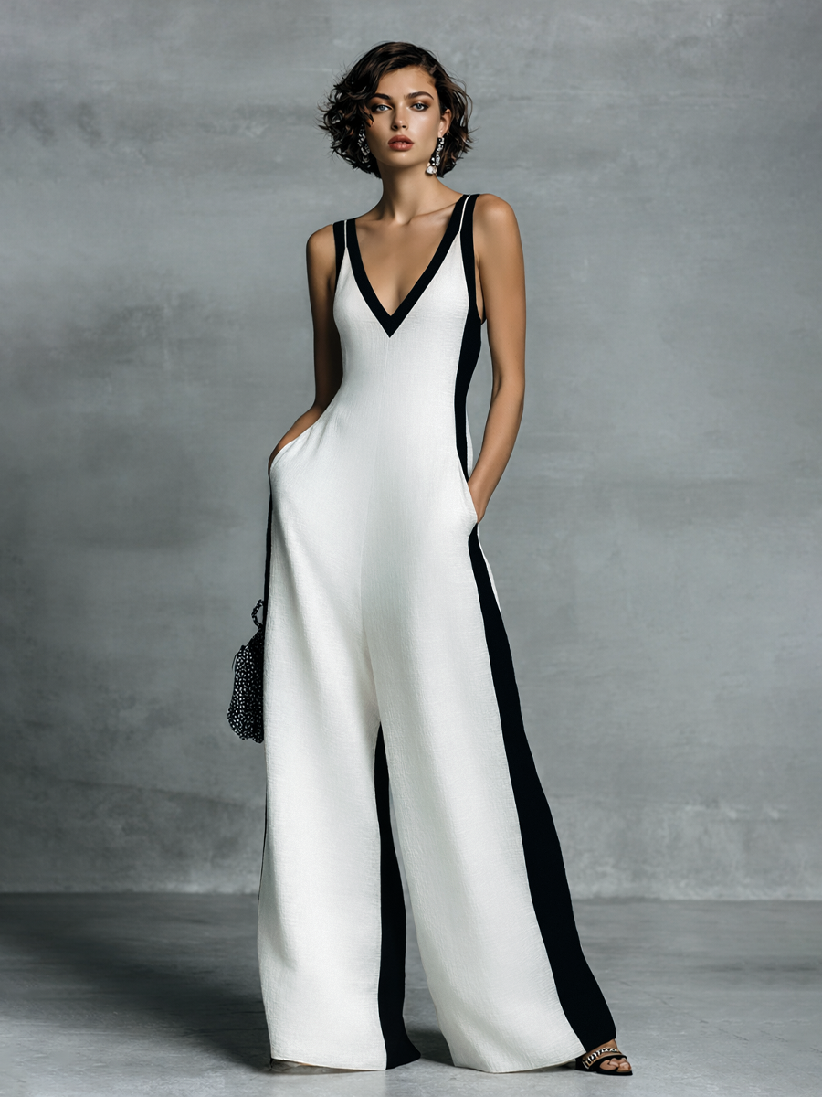 Celine | Black & White Colour-Block Wide-Leg Jumpsuit