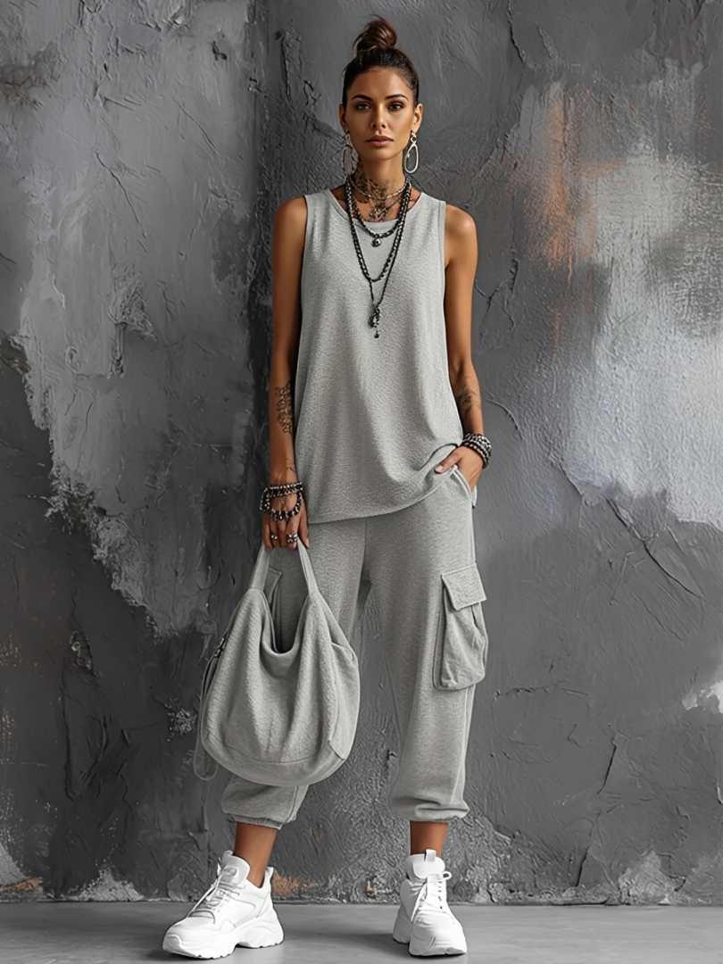 Women's Casual Style Dark Grey Cotton Blend Sleeveless Top + Jogger Cargo Pants Set MDZ2365D7GMJ