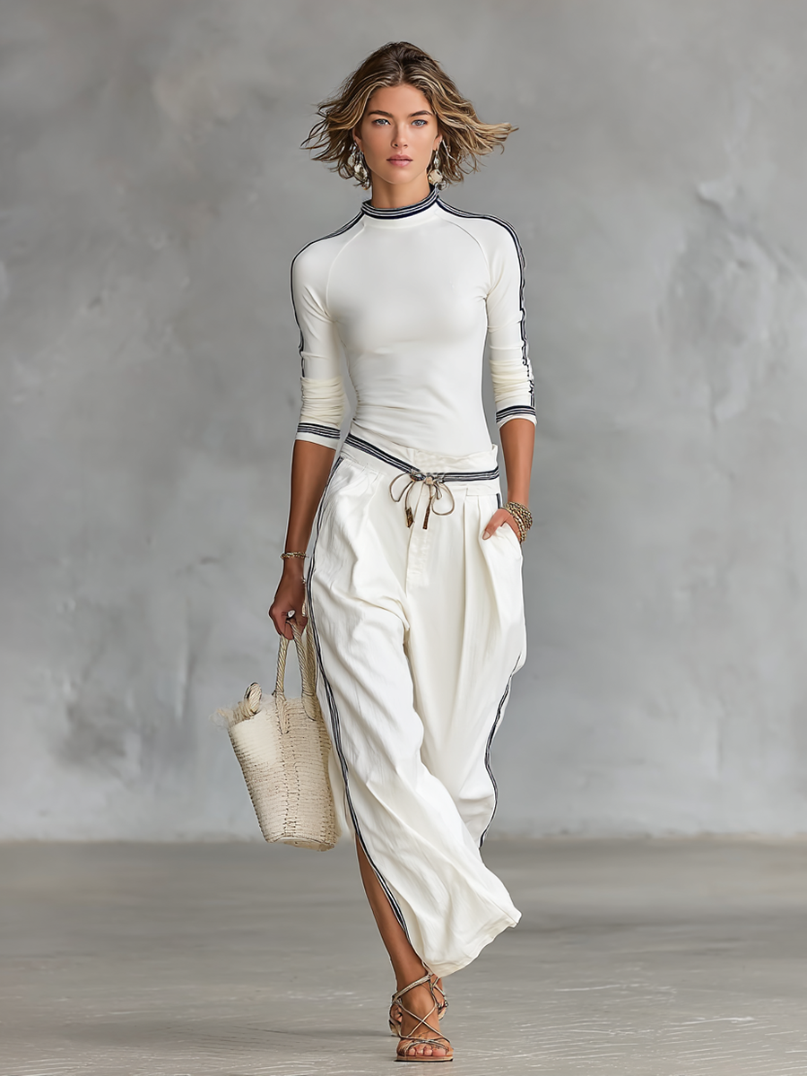 Women's Sports Half-high-neck Long-sleeved T-shirt Drawstring Wide-leg Trousers Two-piece Set MDA2569G9Y