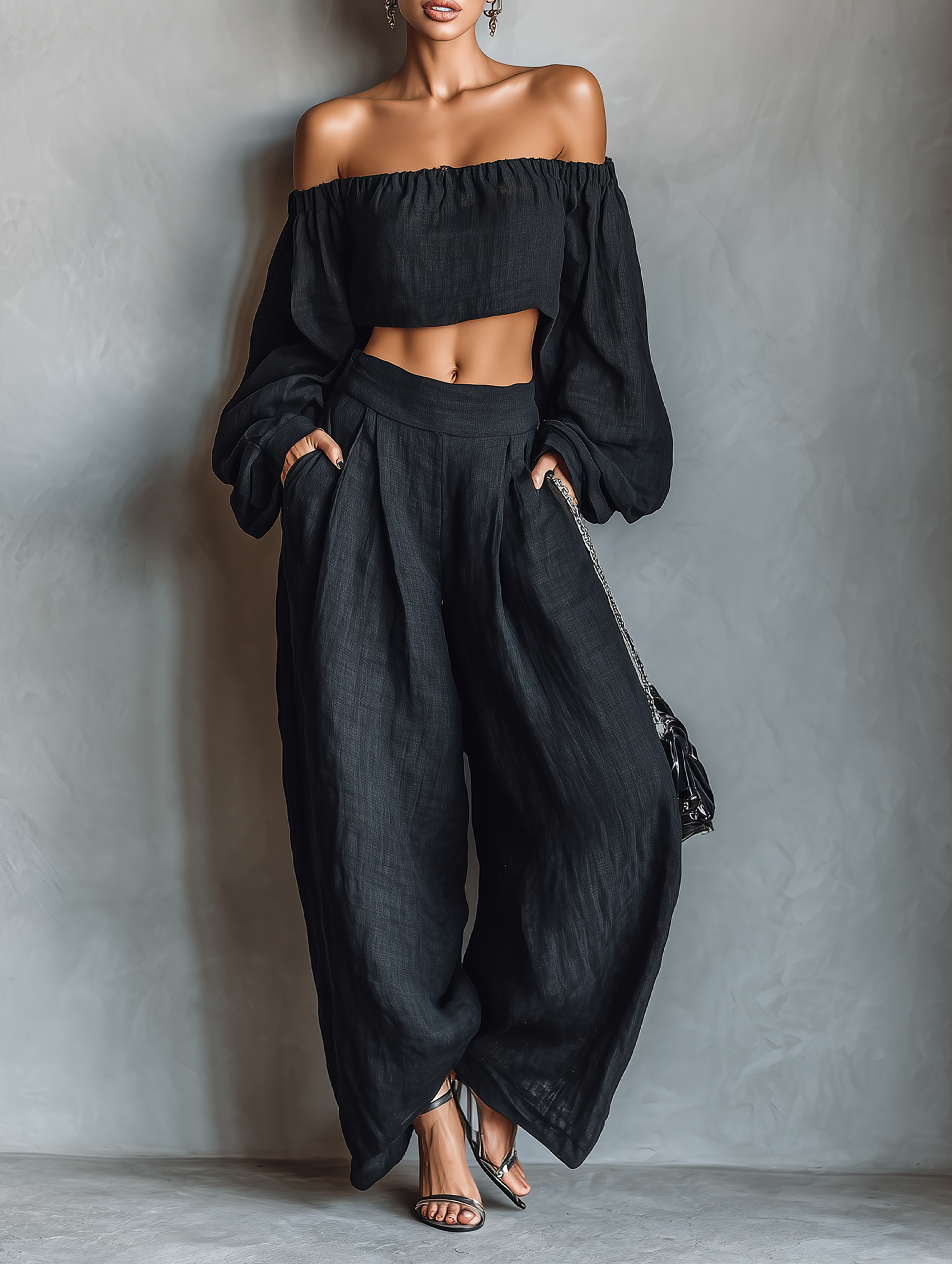 Women's Minimalist Linen Blend Strapless Long-sleeved Blouse and Wide-leg Trousers Set MDA1900L7Y