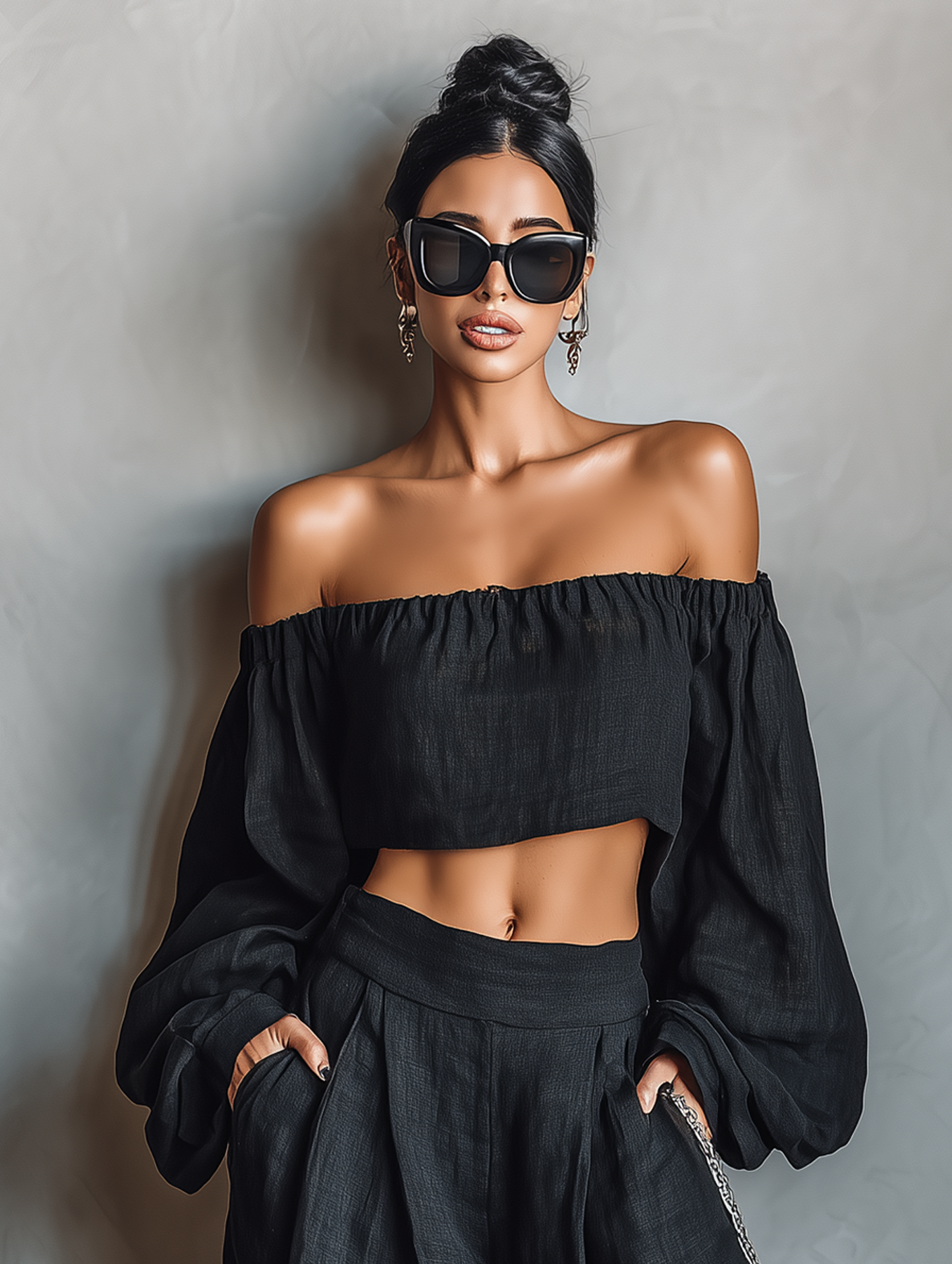 Women's Minimalist Linen Blend Strapless Long-sleeved Blouse and Wide-leg Trousers Set MDA1900L7Y