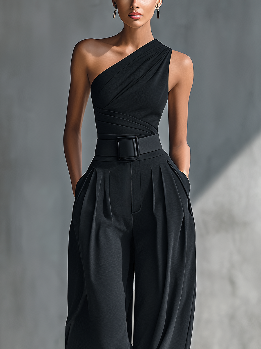 Women's Black High-elastic Knit Top and Acetate Wide-leg Trousers MDZ1068B3T
