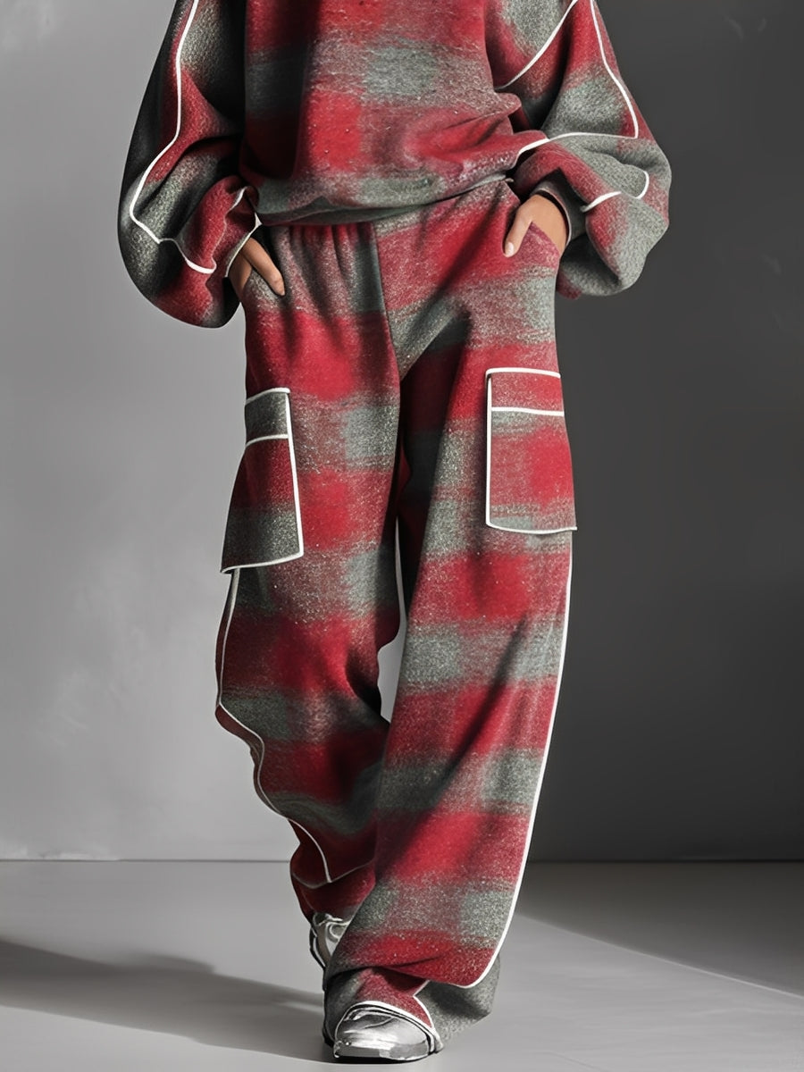Women's Red And Grey Plaid Brushed Distressed Street Style Colour-Blocked Piping Pantsuit Set MDA1065K4I