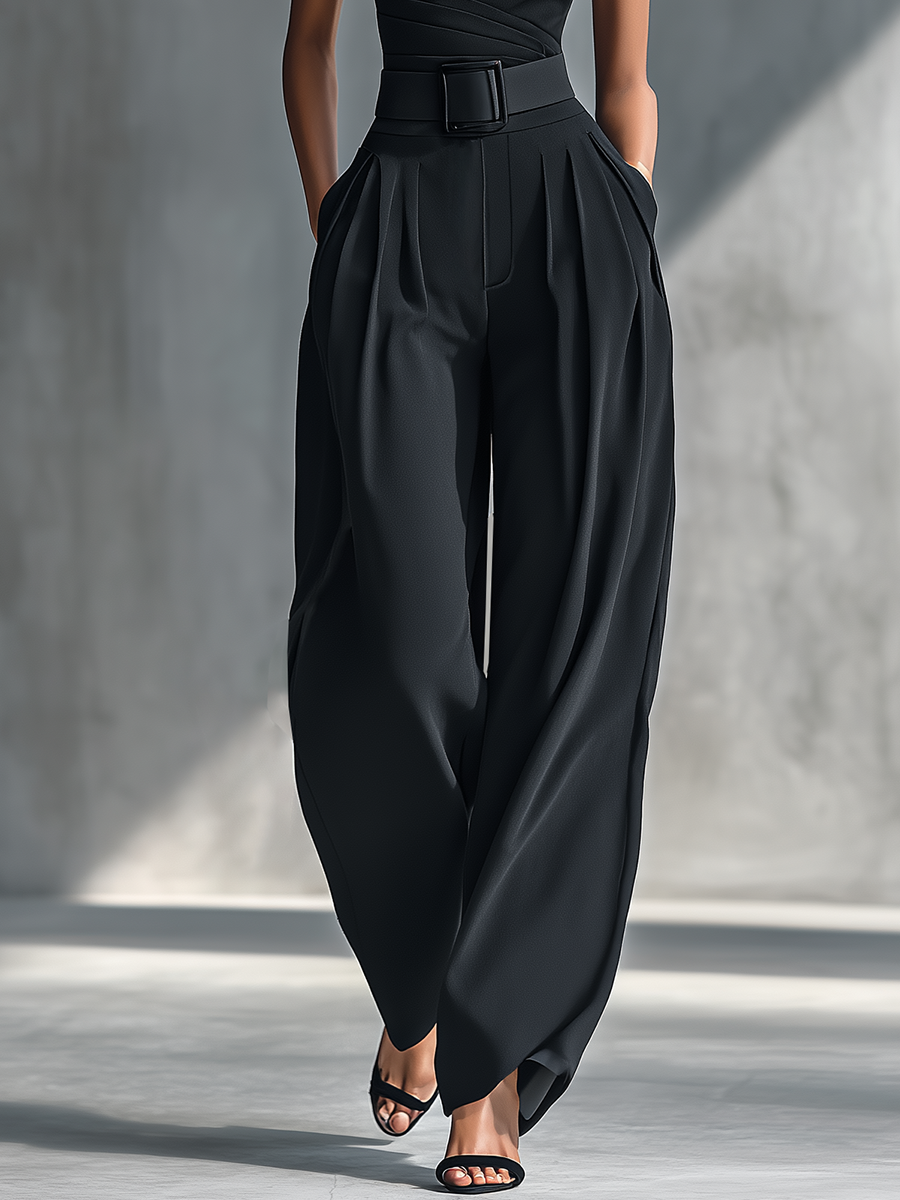 Women's Black High-elastic Knit Top and Acetate Wide-leg Trousers MDZ1068B3T