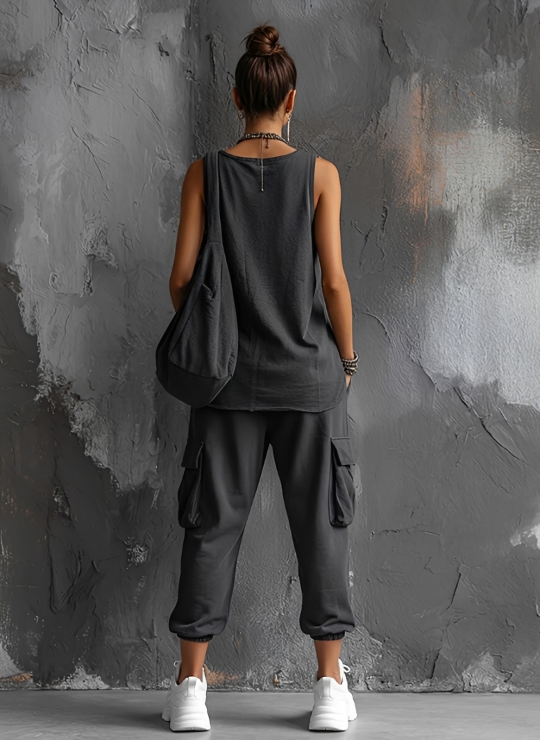 Women's Casual Style Dark Grey Cotton Blend Sleeveless Top + Jogger Cargo Pants Set MDZ2365D7GMJ
