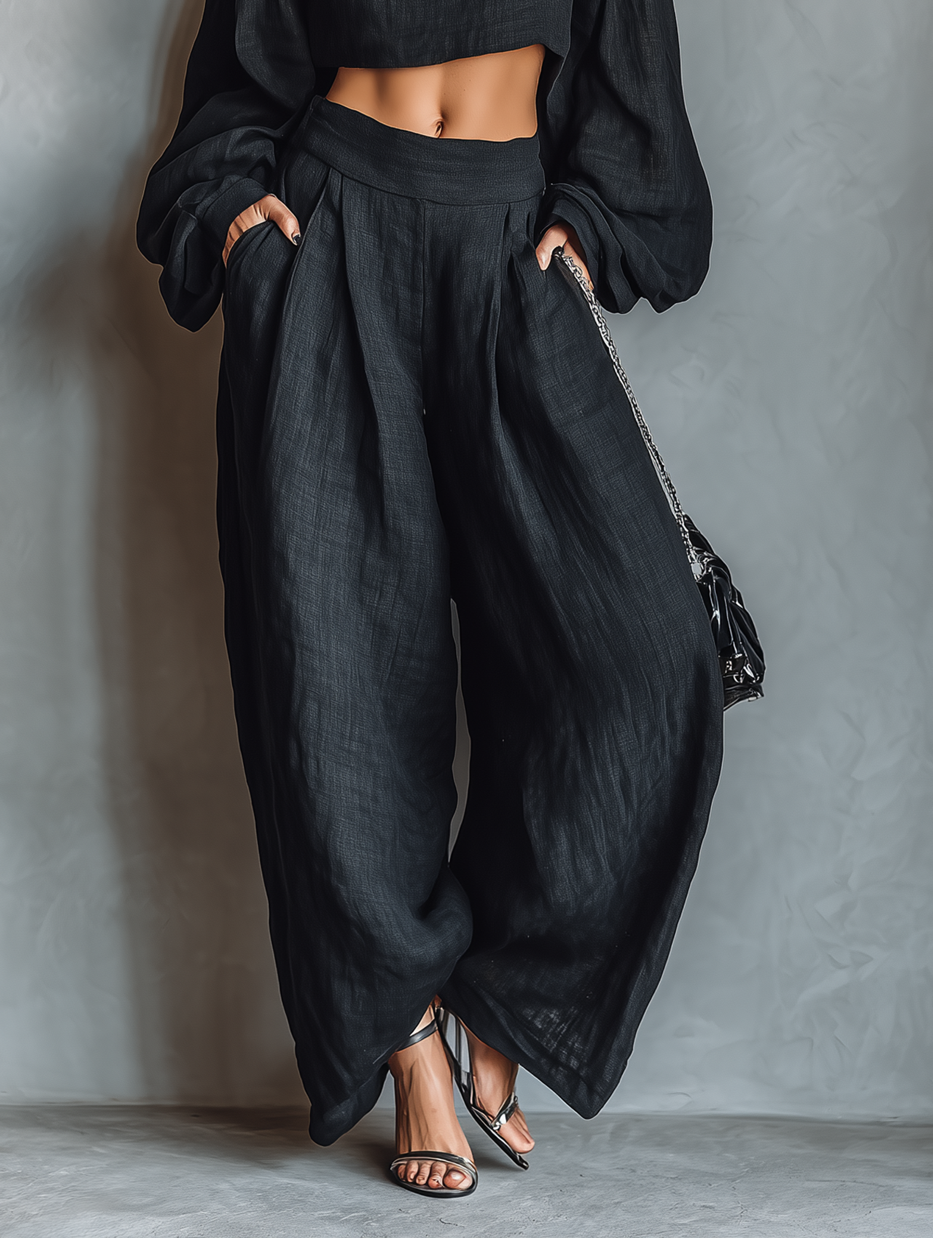 Women's Minimalist Linen Blend Strapless Long-sleeved Blouse and Wide-leg Trousers Set MDA1900L7Y