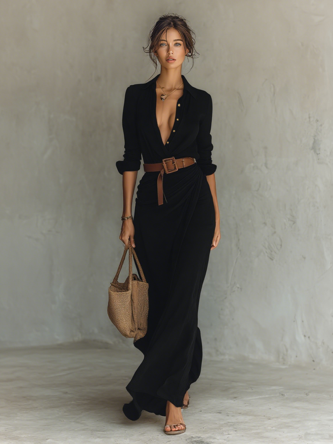 Long Maxi Dress with Lapel Collar and Long Sleeves