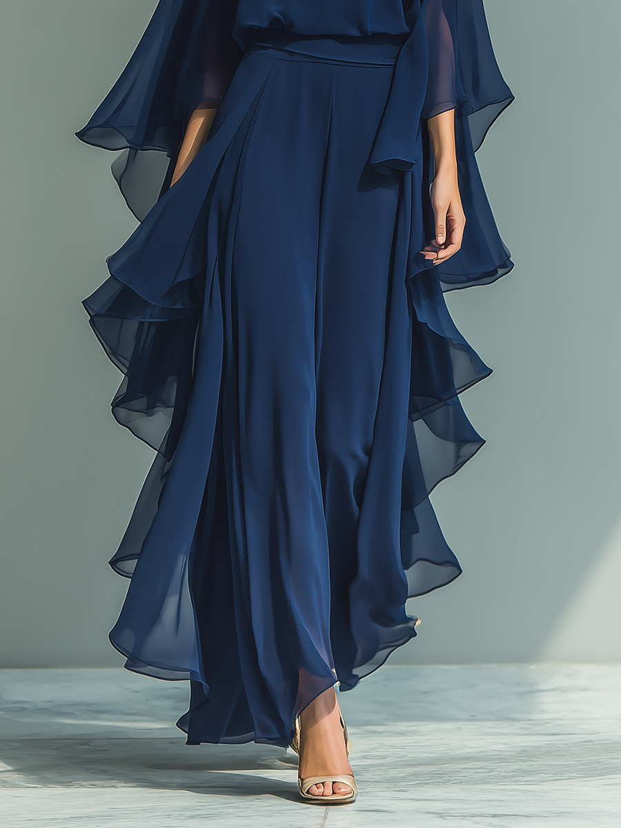 Women's Navy Blue Chiffon Top with Flared Sleeves and Straight-Leg Trousers Set with Ruffled Details MDZ2218A5T