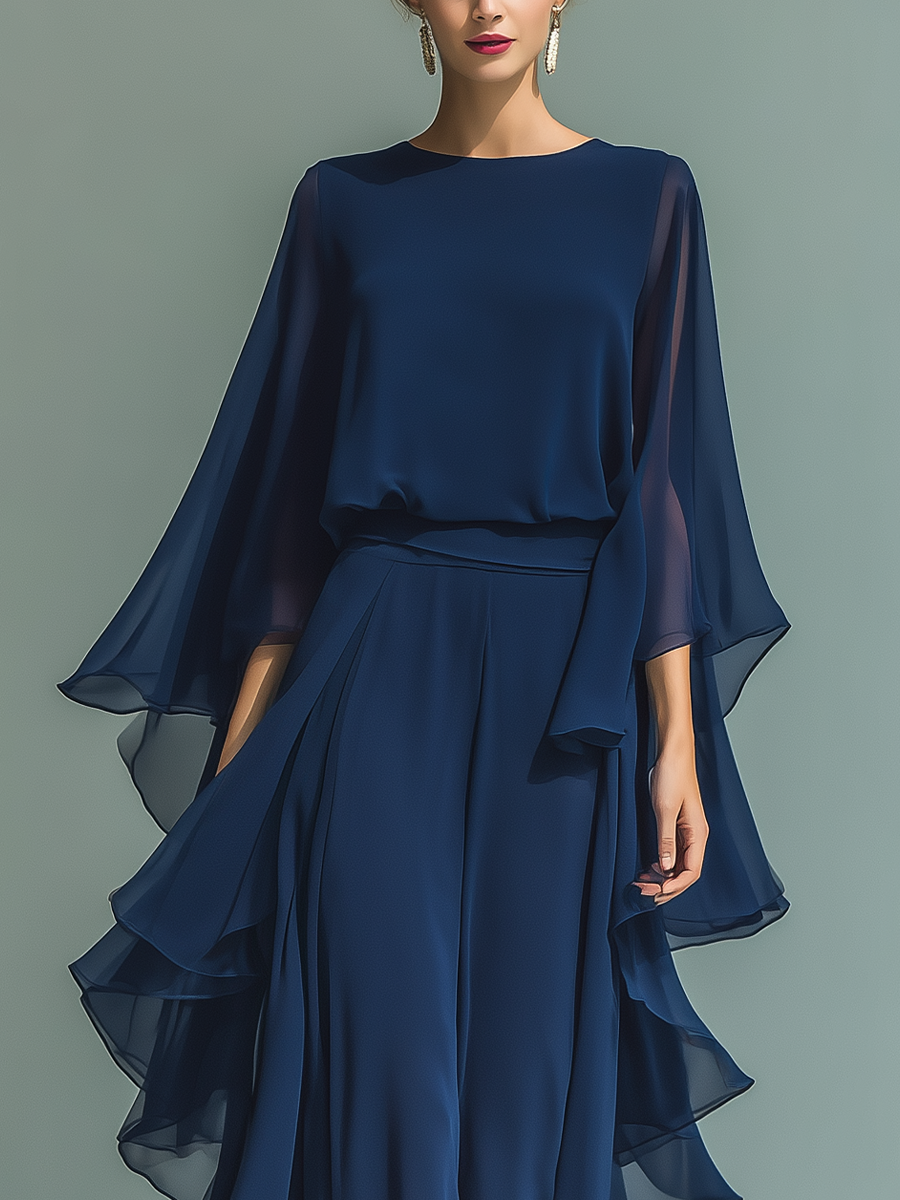 Women's Navy Blue Chiffon Top with Flared Sleeves and Straight-Leg Trousers Set with Ruffled Details MDZ2218A5T
