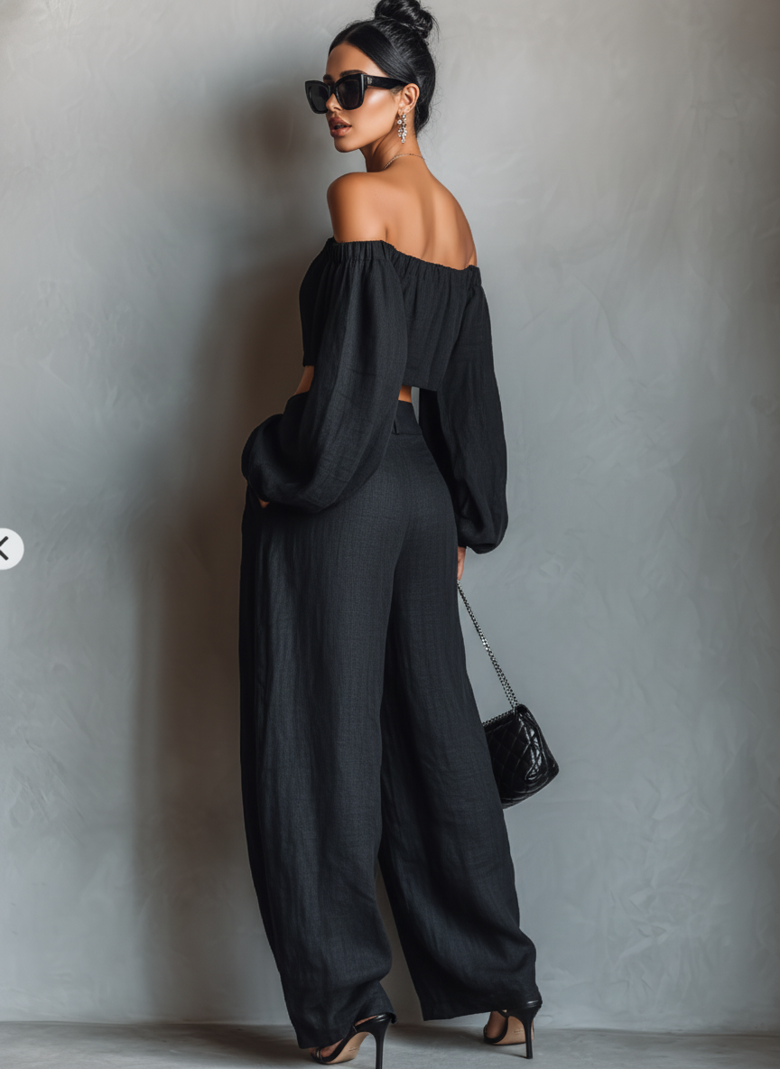 Women's Minimalist Linen Blend Strapless Long-sleeved Blouse and Wide-leg Trousers Set MDA1900L7Y