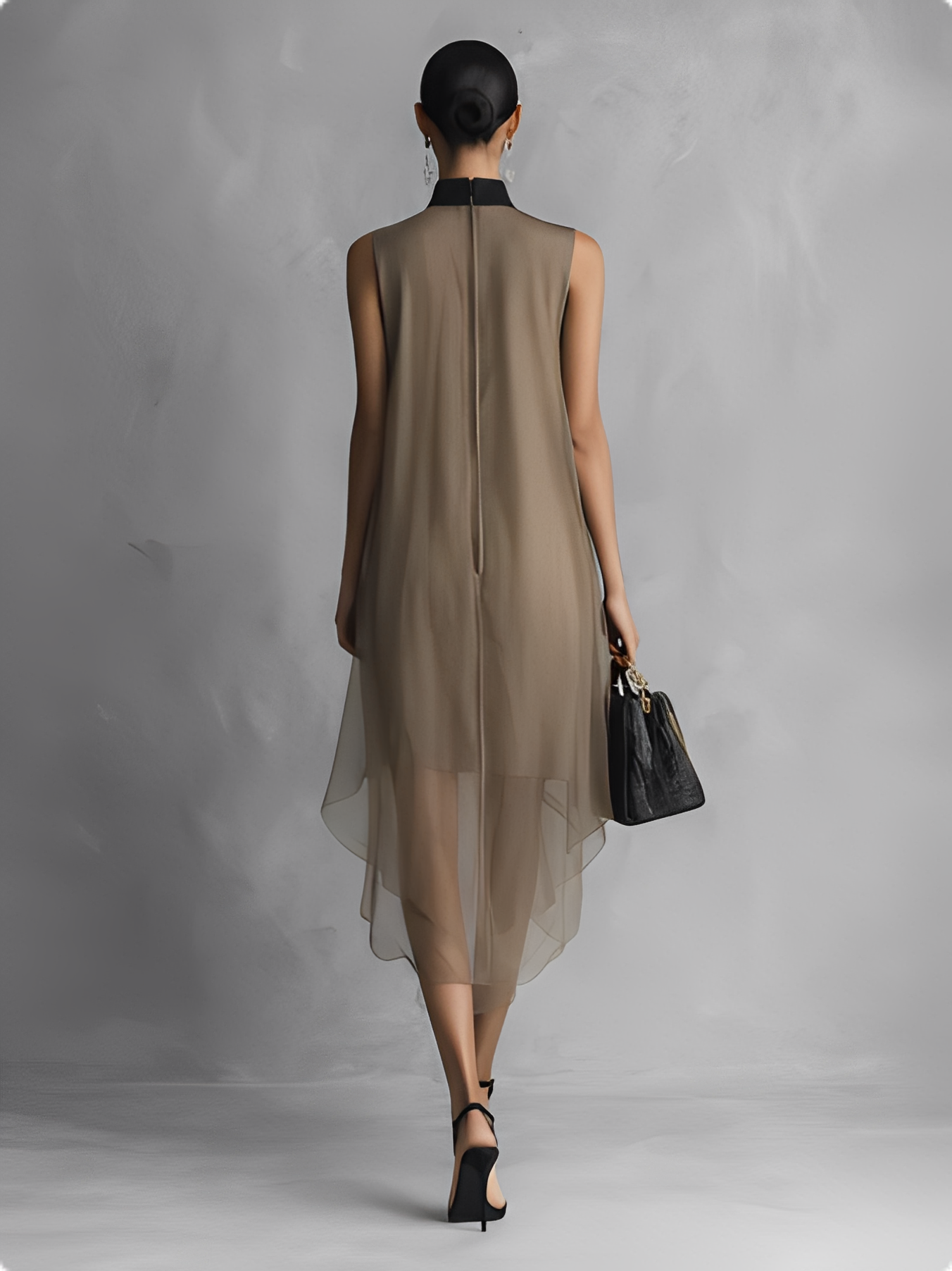 Beatrice - Lightweight Luxury Two-Tone Khaki and Brown Chiffon Sleeveless Dress
