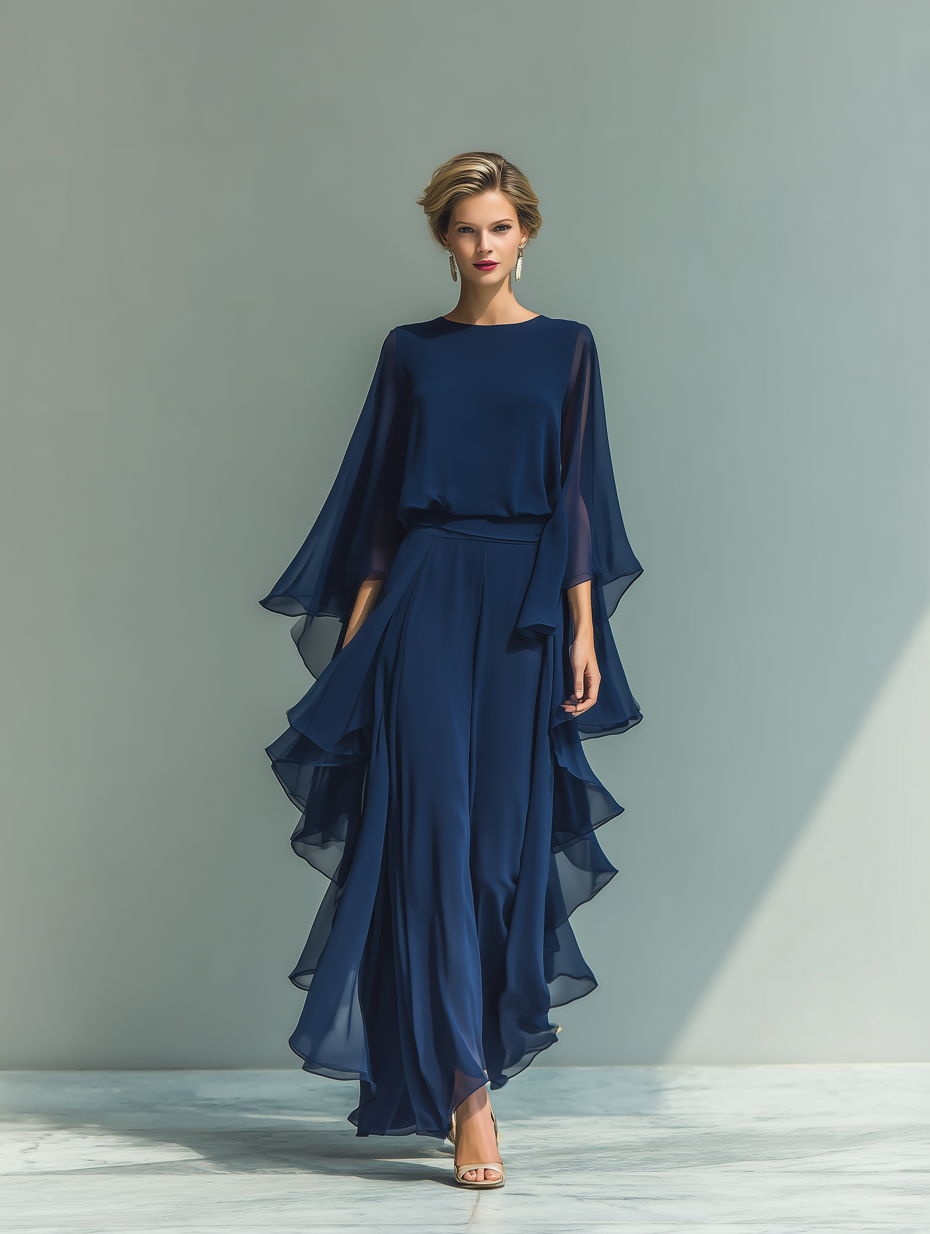 Women's Navy Blue Chiffon Top with Flared Sleeves and Straight-Leg Trousers Set with Ruffled Details MDZ2218A5T