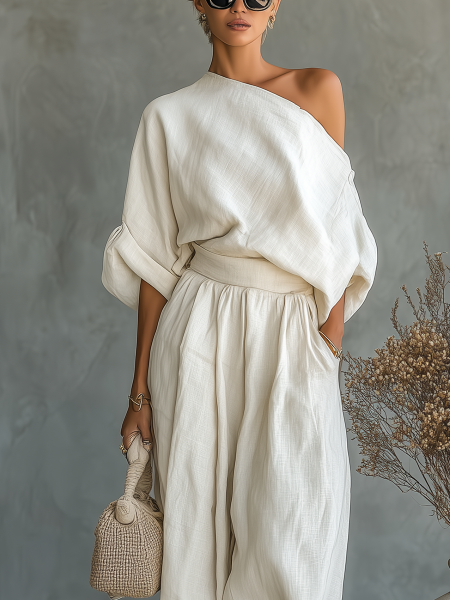 Women's Off-white Linen Off-shoulder Loose Casual Top and Tapered Trousers Set MDA2770K8T