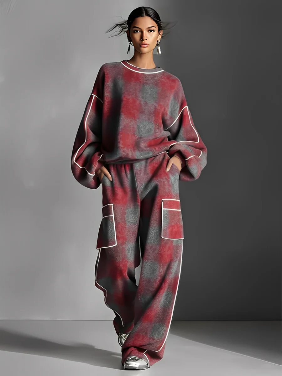 Women's Red And Grey Plaid Brushed Distressed Street Style Colour-Blocked Piping Pantsuit Set MDA1065K4I
