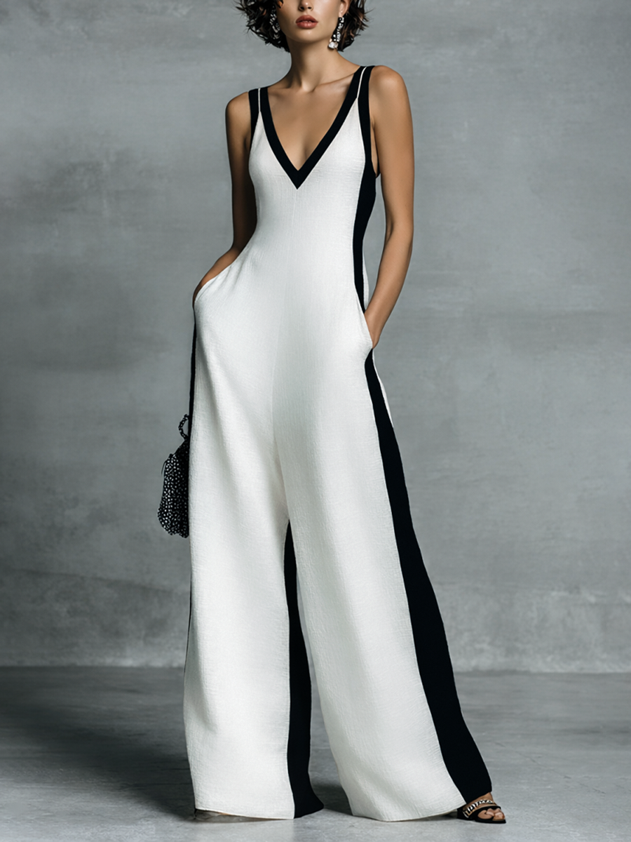 Celine | Black & White Colour-Block Wide-Leg Jumpsuit