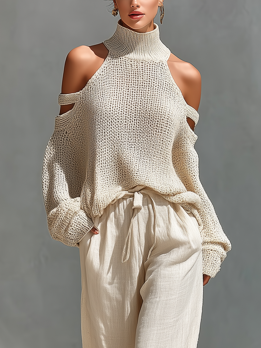 Women's Beige Knit Fabric Cold-Shoulder Turtleneck Top & Wide-Leg Trousers Set MDZ0984A5T