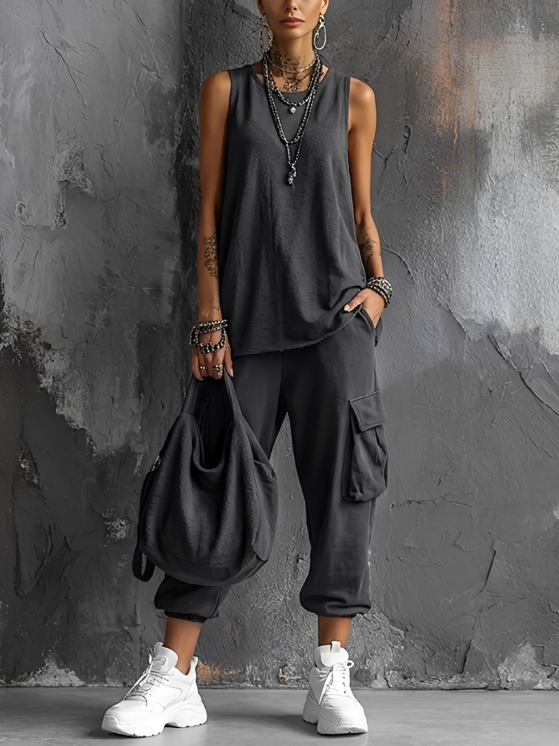 Women's Casual Style Dark Grey Cotton Blend Sleeveless Top + Jogger Cargo Pants Set MDZ2365D7GMJ