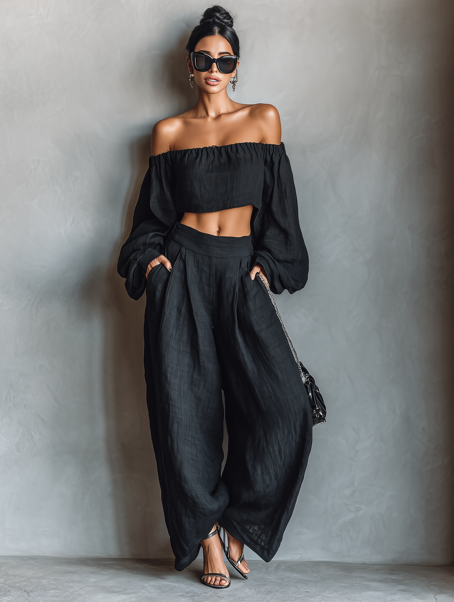 Women's Minimalist Linen Blend Strapless Long-sleeved Blouse and Wide-leg Trousers Set MDA1900L7Y