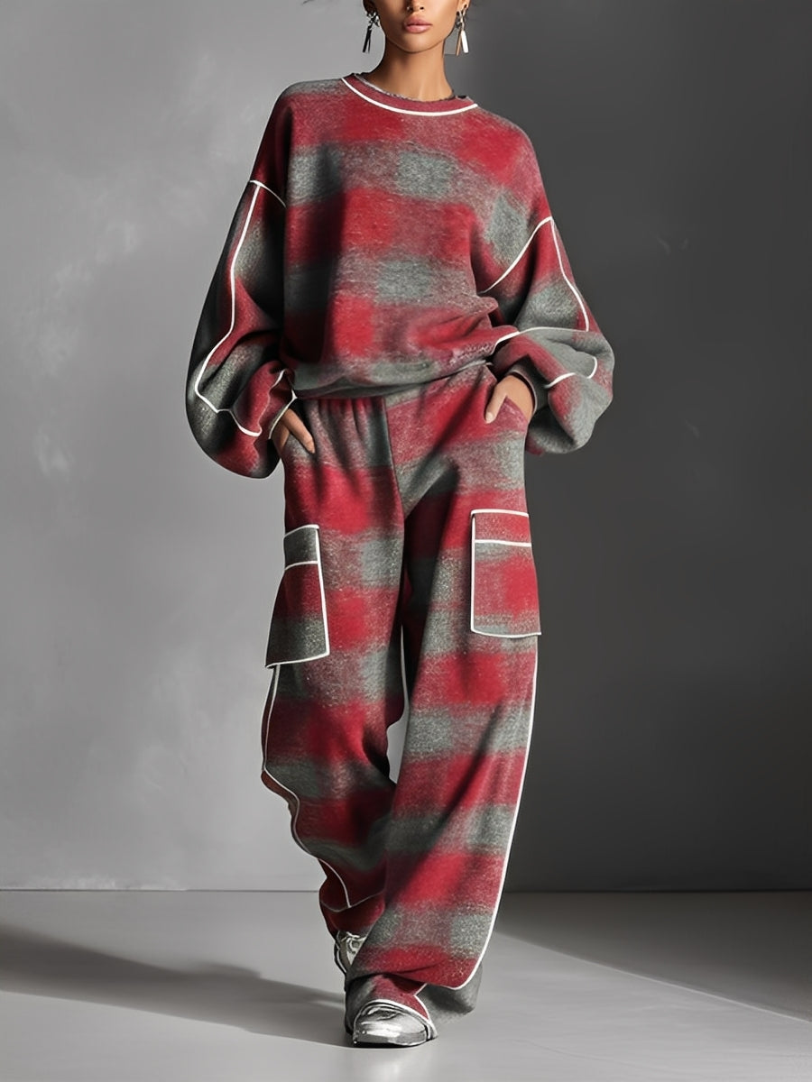 Women's Red And Grey Plaid Brushed Distressed Street Style Colour-Blocked Piping Pantsuit Set MDA1065K4I