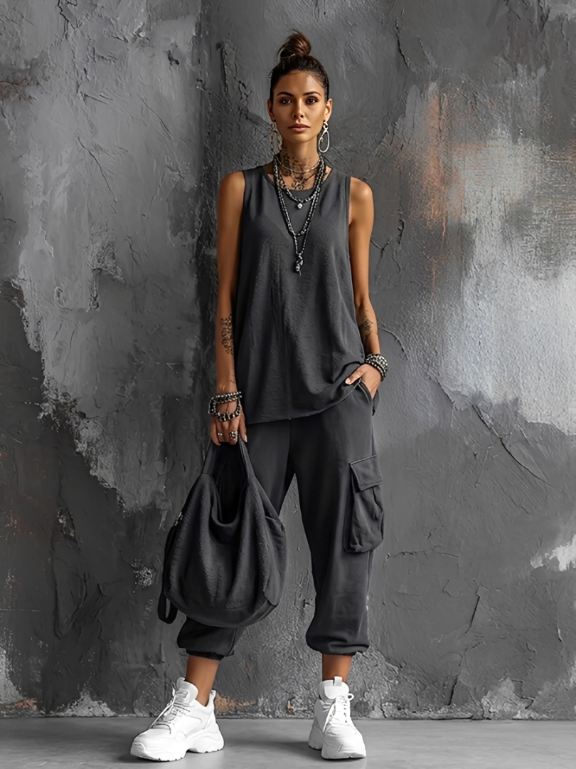 Women's Casual Style Dark Grey Cotton Blend Sleeveless Top + Jogger Cargo Pants Set MDZ2365D7GMJ