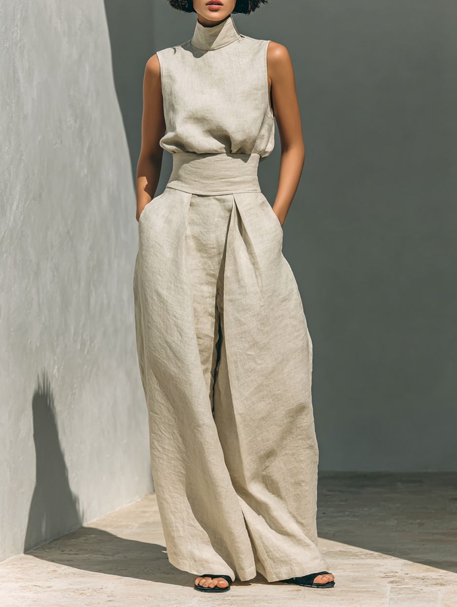 Women's Minimalist Cotton and Linen Blend Sleeveless Blouse and Wide-leg Trousers Set MDZ0873A5Y