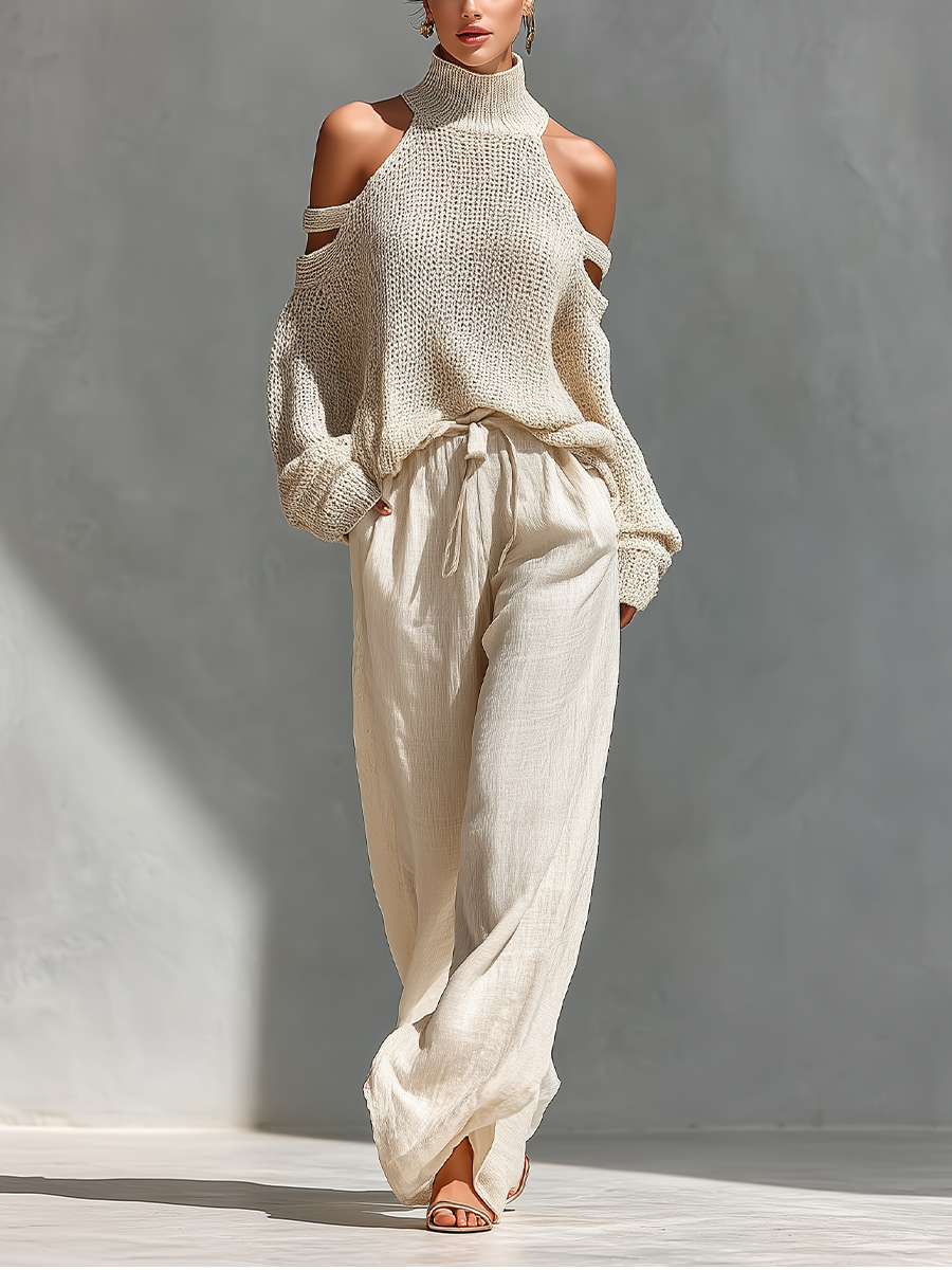 Thalia - Beige Knit Off-Shoulder Turtleneck Top & Wide Leg Trousers Set