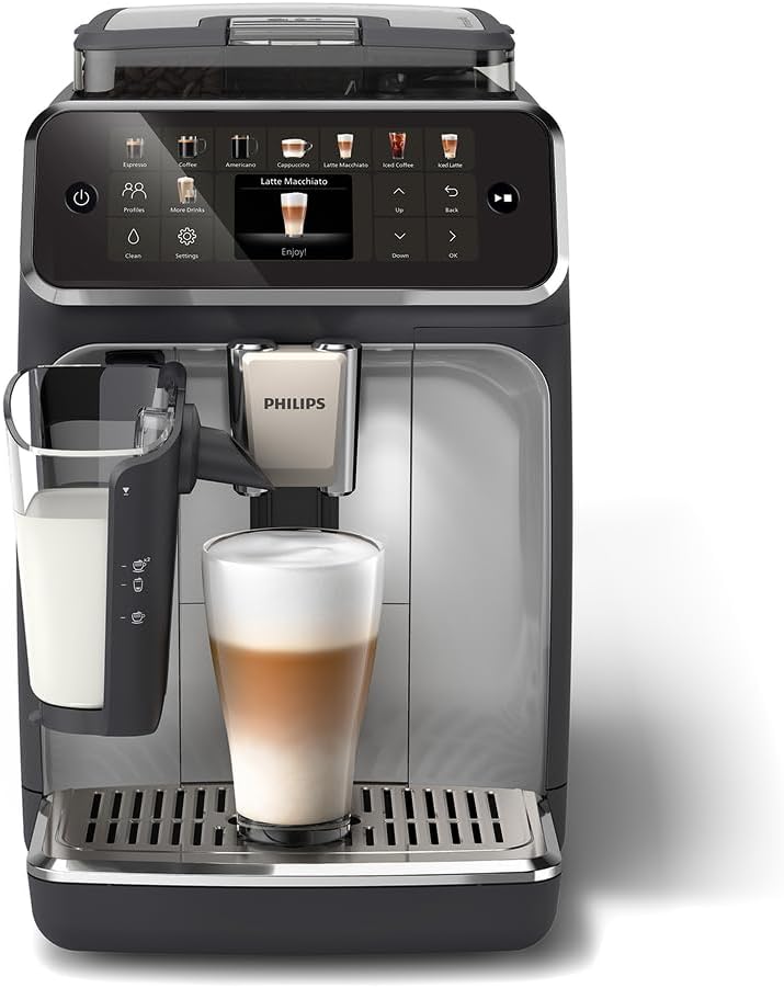 Philips 5400 Series Bean-to-Cup Espresso Machine - LatteGo Milk Frother, 12 Coffee Varieties, 4 User Profiles, Intuitive Display, Silver (EP5446/70)