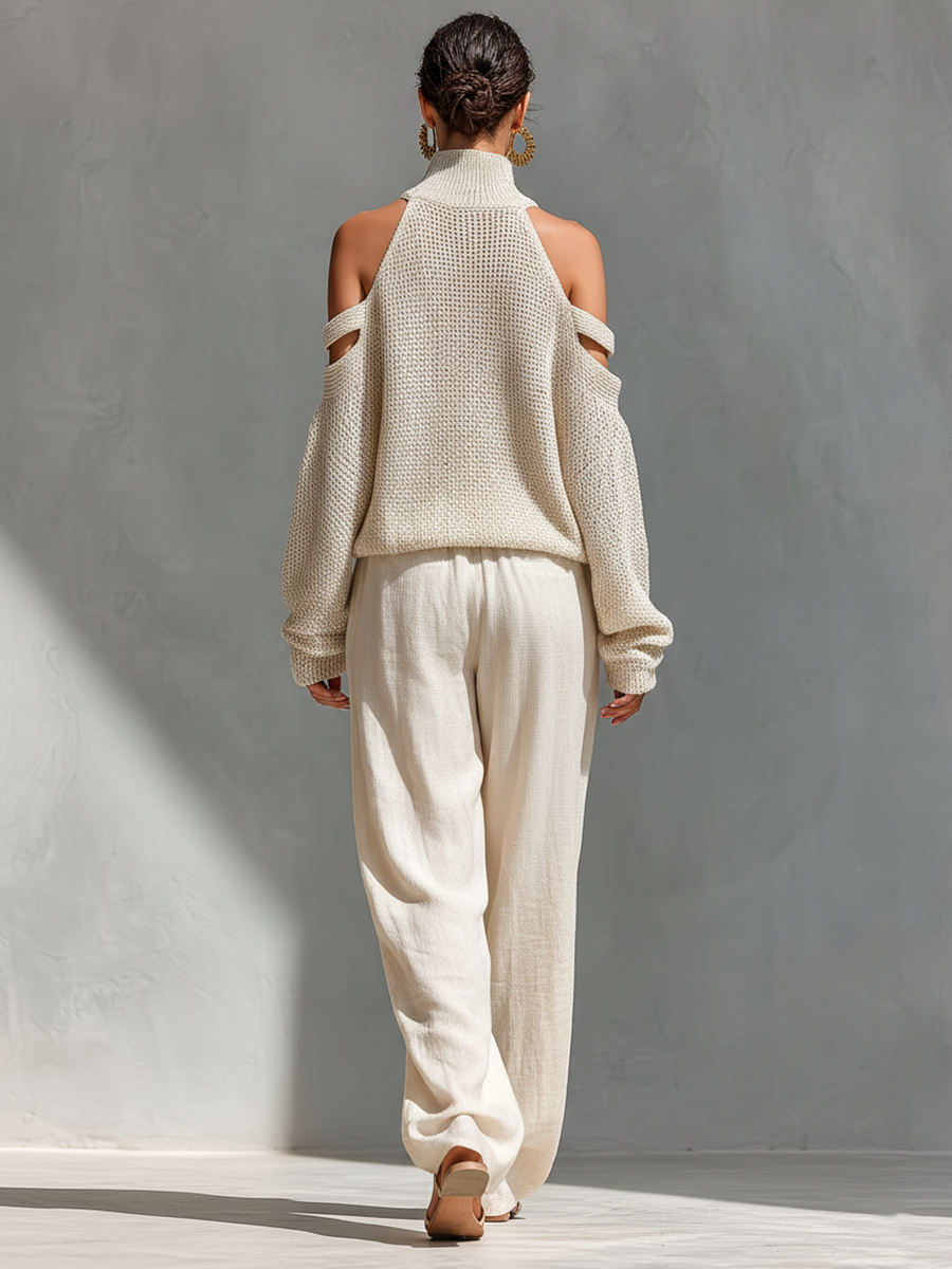Women's Beige Knit Fabric Cold-Shoulder Turtleneck Top & Wide-Leg Trousers Set MDZ0984A5T