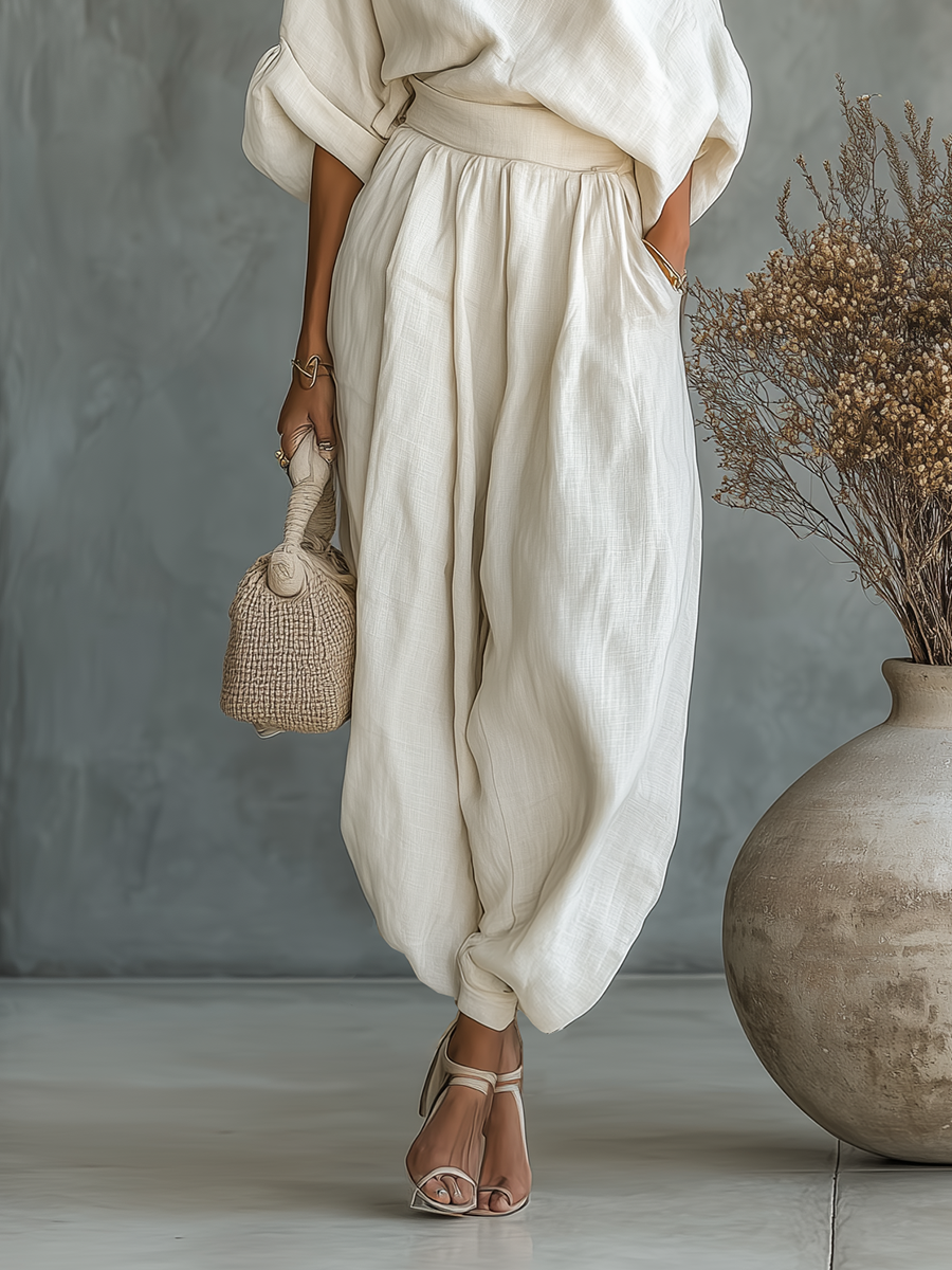 Women's Off-white Linen Off-shoulder Loose Casual Top and Tapered Trousers Set MDA2770K8T