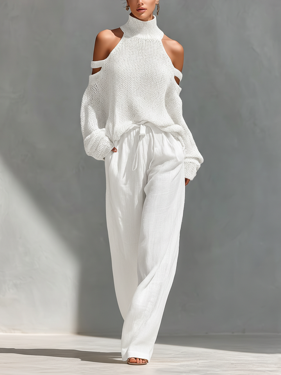 Women's Beige Knit Fabric Cold-Shoulder Turtleneck Top & Wide-Leg Trousers Set MDZ0984A5T