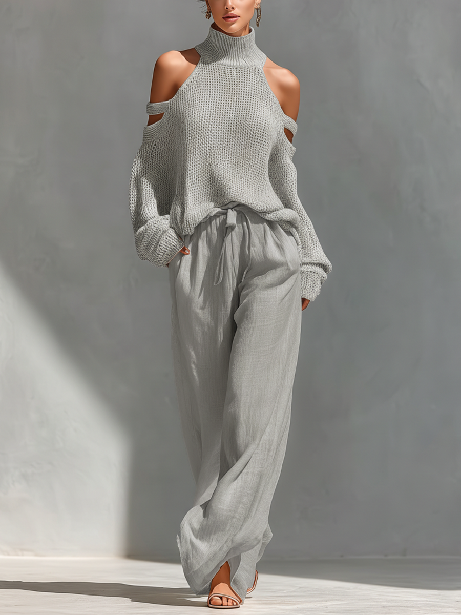 Thalia - Beige Knit Off-Shoulder Turtleneck Top & Wide Leg Trousers Set