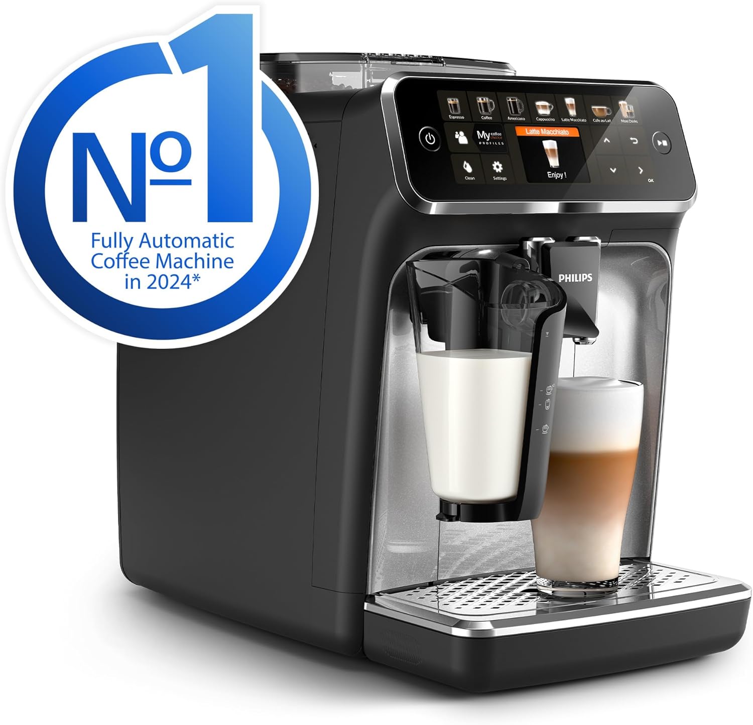 Philips 5400 Series Bean-to-Cup Espresso Machine - LatteGo Milk Frother, 12 Coffee Varieties, 4 User Profiles, Intuitive Display, Silver (EP5446/70)