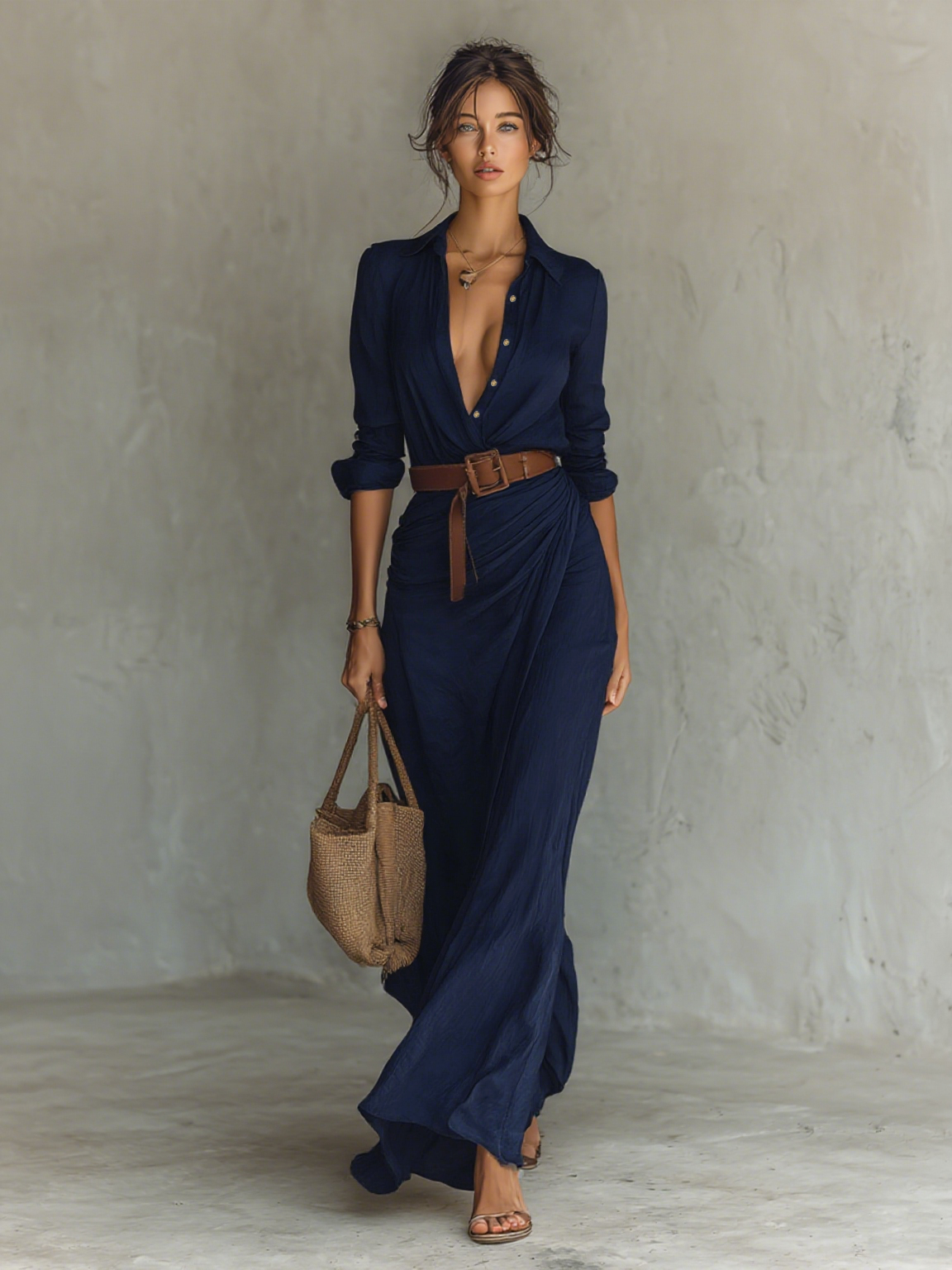 Long Maxi Dress with Lapel Collar and Long Sleeves