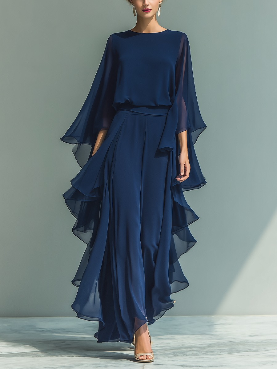 Women's Navy Blue Chiffon Top with Flared Sleeves and Straight-Leg Trousers Set with Ruffled Details MDZ2218A5T