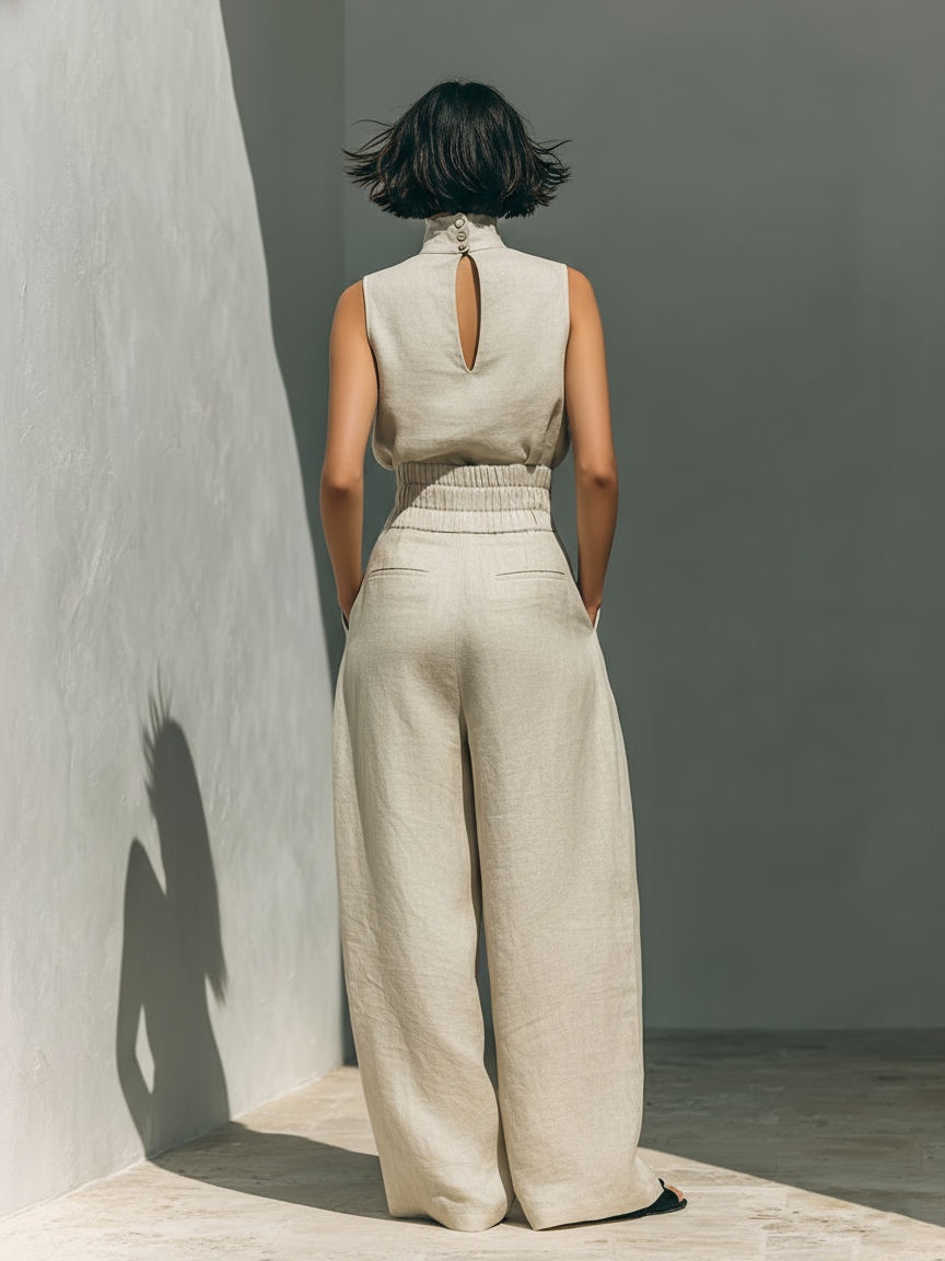 Women's Minimalist Cotton and Linen Blend Sleeveless Blouse and Wide-leg Trousers Set MDZ0873A5Y
