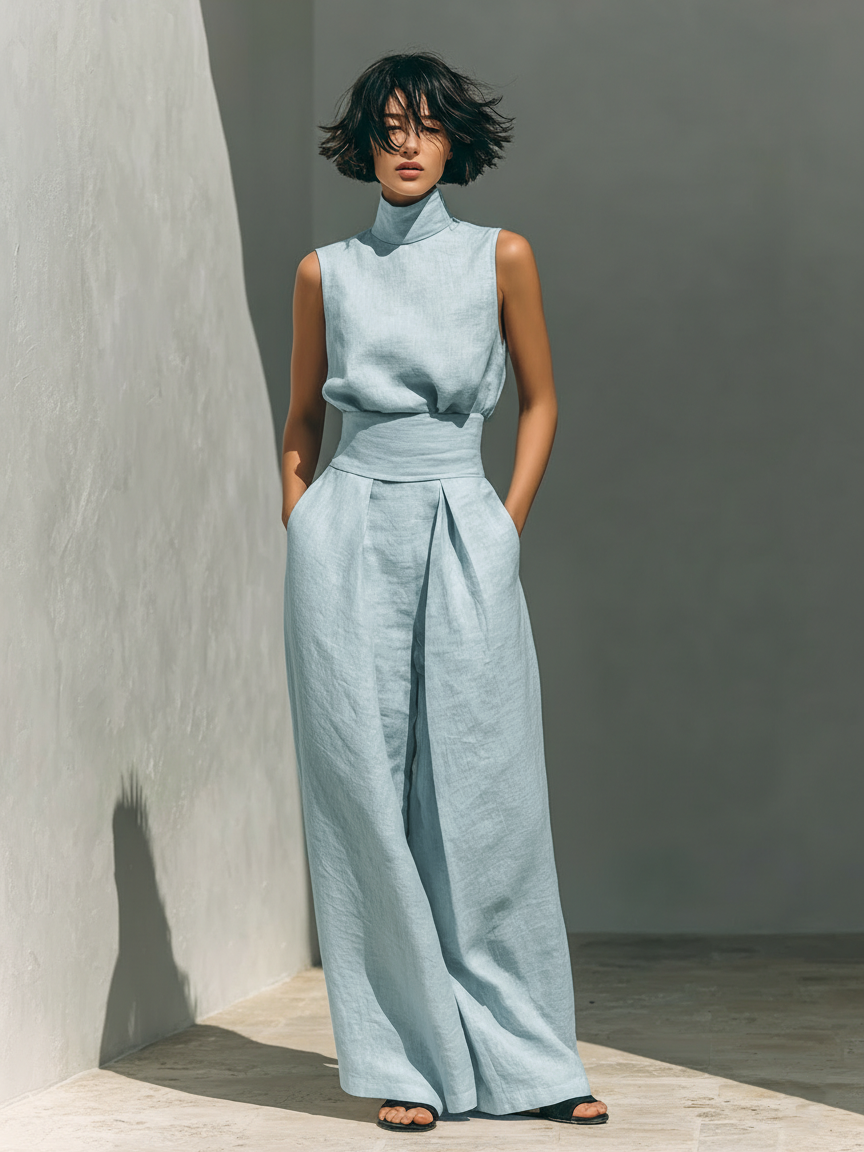 Women's Minimalist Cotton and Linen Blend Sleeveless Blouse and Wide-leg Trousers Set MDZ0873A5Y