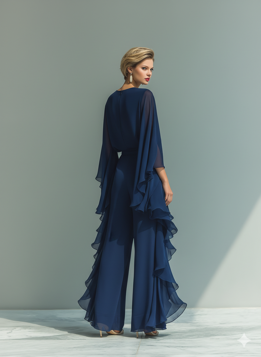 Women's Navy Blue Chiffon Top with Flared Sleeves and Straight-Leg Trousers Set with Ruffled Details MDZ2218A5T