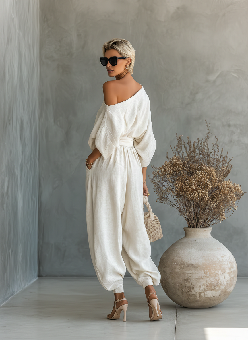 Women's Off-White Linen Set with Off-Shoulder Top and Tapered Trousers • S1