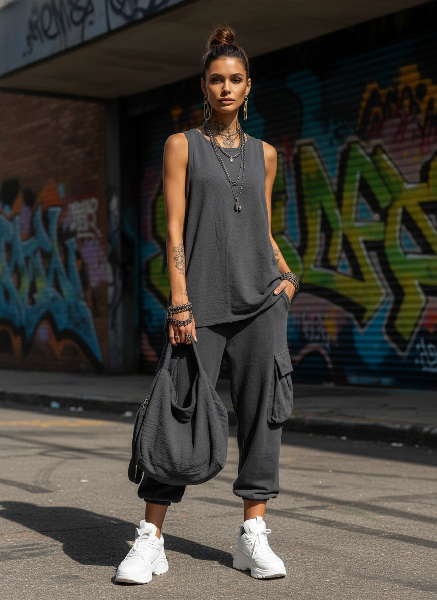 Women's Casual Style Dark Grey Cotton Blend Sleeveless Top + Jogger Cargo Pants Set MDZ2365D7GMJ