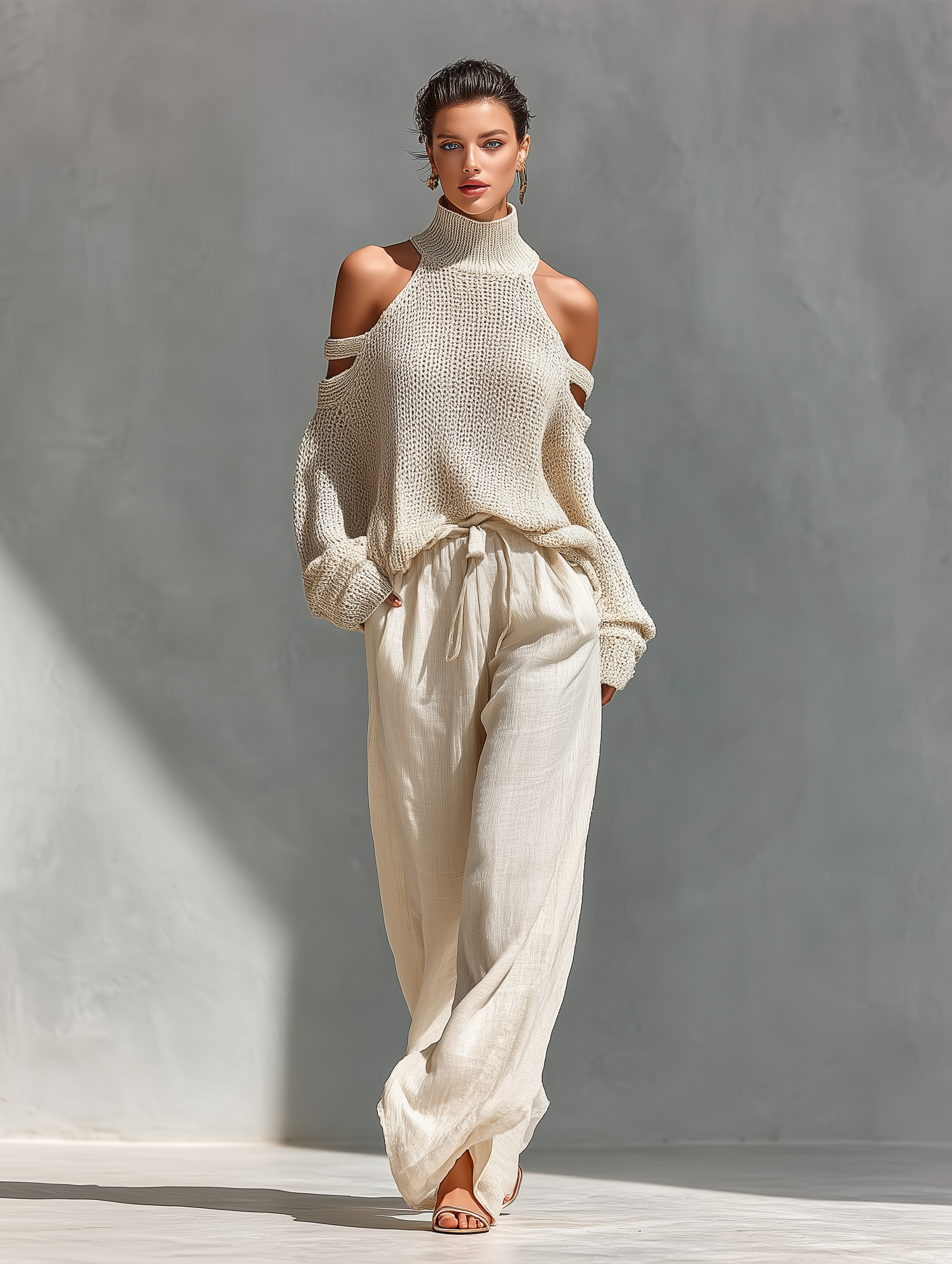 Women's Beige Knit Fabric Cold-Shoulder Turtleneck Top & Wide-Leg Trousers Set MDZ0984A5T