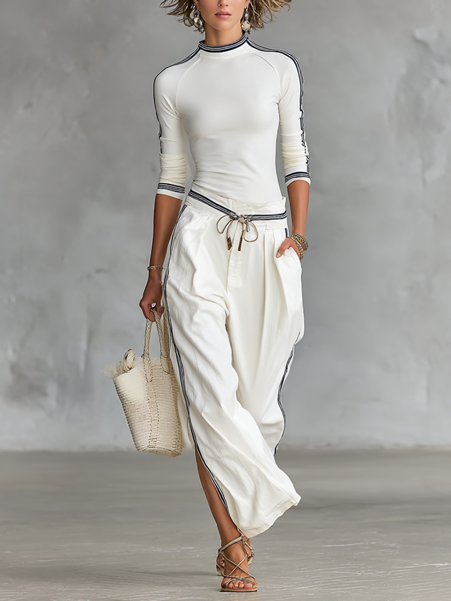 Women's Sports Half-high-neck Long-sleeved T-shirt Drawstring Wide-leg Trousers Two-piece Set MDA2569G9Y