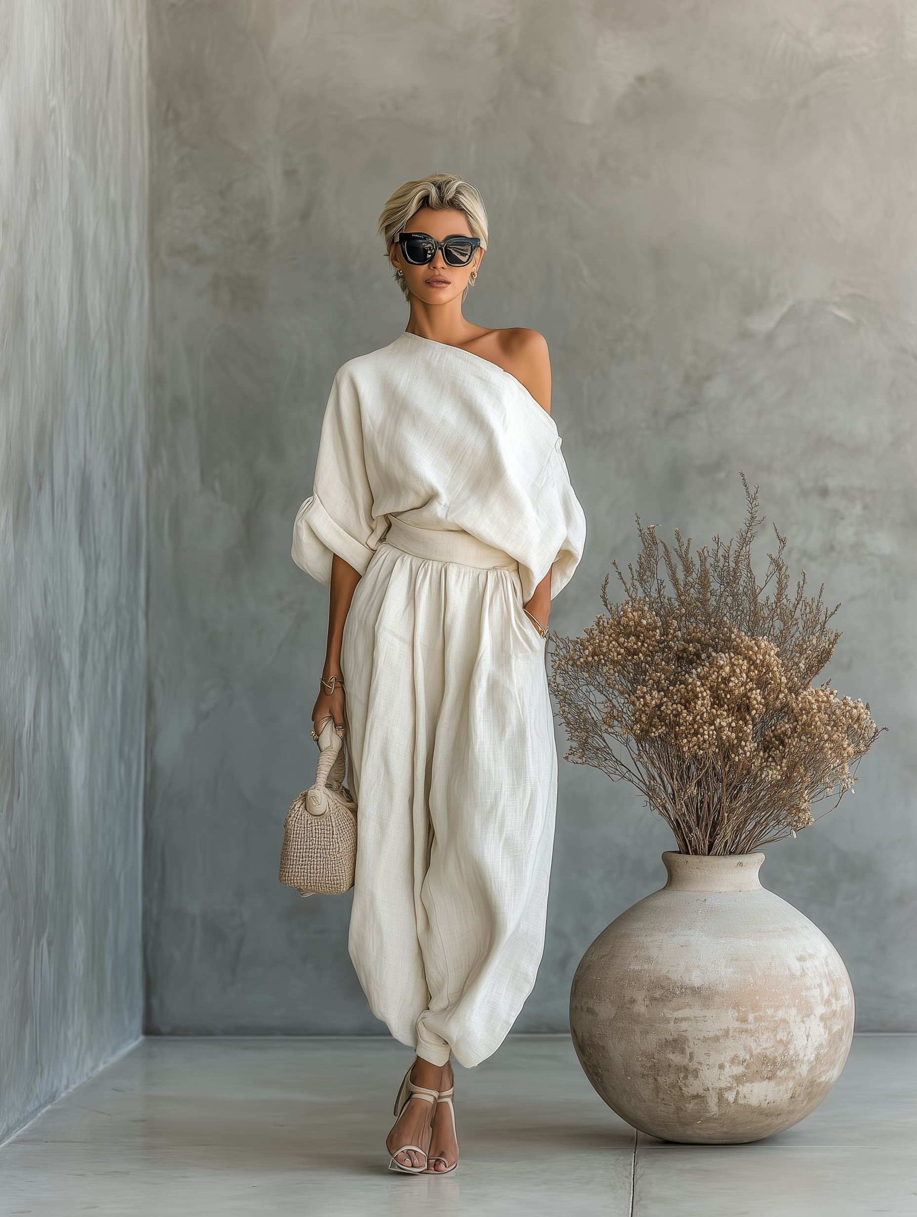 Women's Off-white Linen Off-shoulder Loose Casual Top and Tapered Trousers Set MDA2770K8T